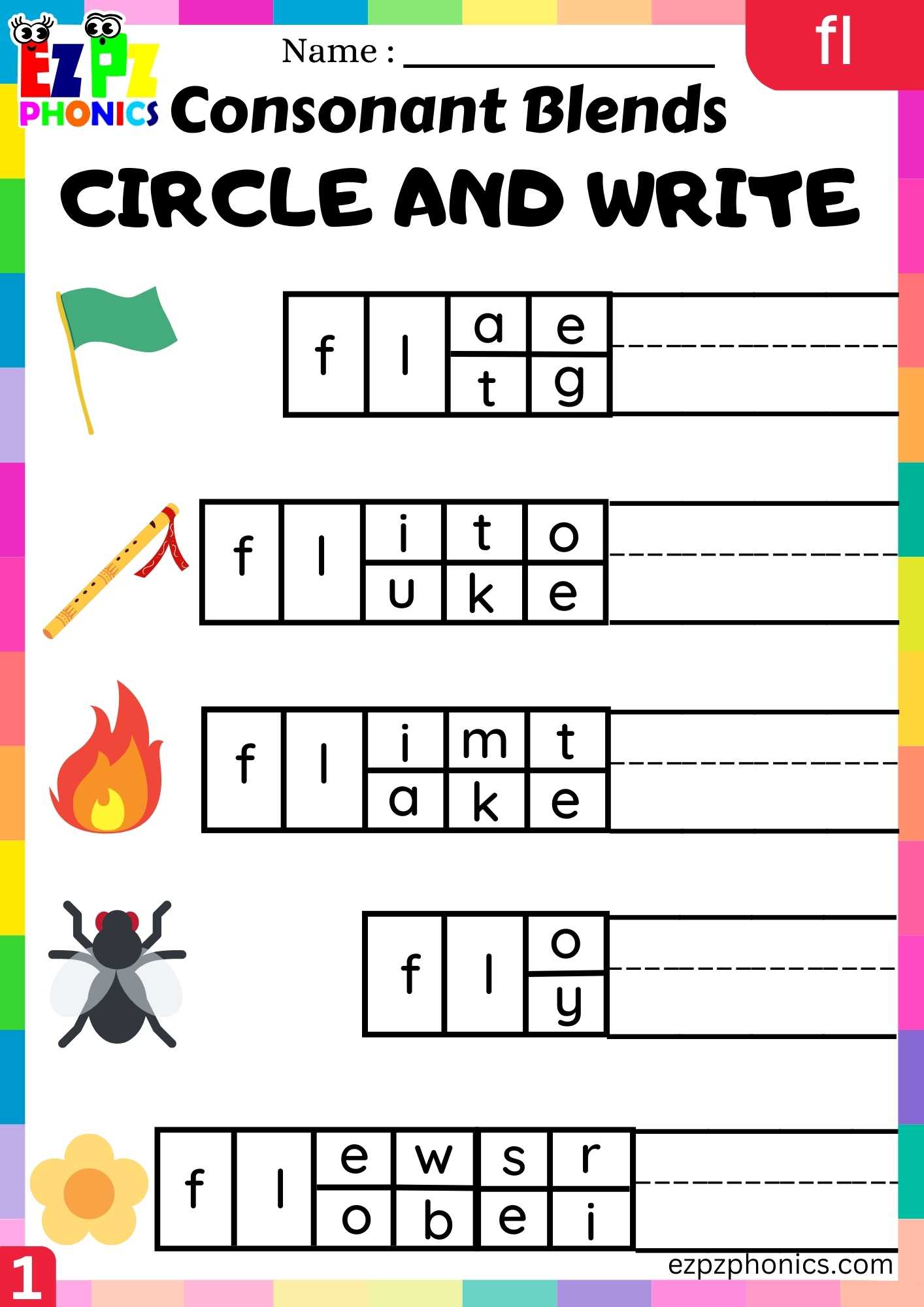 Group1 FL Words Circle And Write Phonics Consonant Blends Worksheet